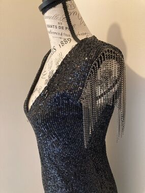 Betsey Johnson Black Sequin V-Neck Cocktail Dress with Fringe Sleeves Sz S